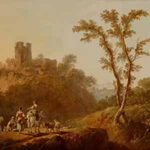 Wooded Hilly Landscape with Peasants (oil on canvas)