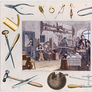 Workshop and main tools of jewellery, 1810 (engraving)