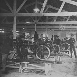 A WWI motorcycle repair shop (b / w photo)