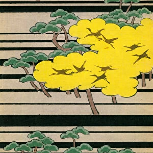Yellow and Green Trees with Cranes, 1882 (colour woodblock print)