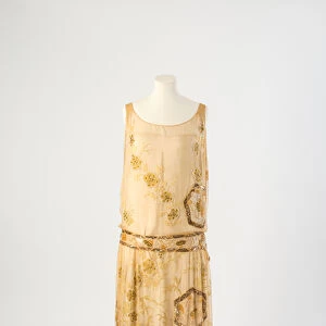 Yellow silk chiffon evening dress embroidered with yellow floss silk, sequins