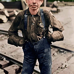 Young coal miner at Turkey Knob Mine, West Virginia. 1908 (coloured photo)