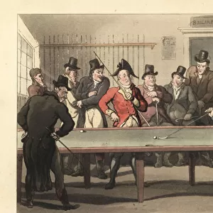 Young English gentlemen playing a game of billiards, 1817 (engraving)