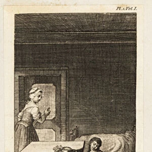 A young girl cries over a dirty bonnet in a room. 1791 (engraving)