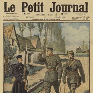 The young Prince Leopold, Duke of Brabant, heir to the Belgian throne, standing to attention as his father, King Albert I, walks past, World War I, 1915 (colour litho)