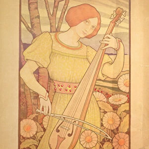 Young Woman with a Lute (colour litho)