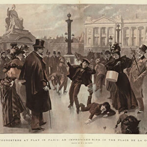 Youngsters at Play in Paris, an Improvised Rink in the Place de la Concorde (colour litho)