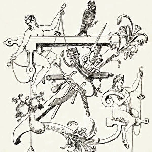 Z - Letter Z with a naked woman and a satyre - Alphabet by T. de Bry (new artistic alphabet), 1880 (engraving)