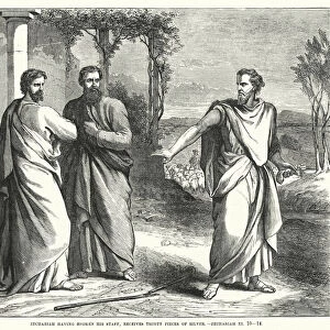 Zechariah having broken his Staff, receives Thirty Pieces of Silver, Zechariah XI, 10-14 (engraving)
