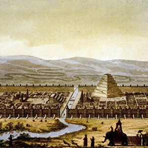 Ziggurat of Marduk (Babel Tower) and the River Euphrates, Babylon, 1801 (colour engraving)