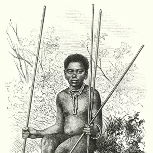 Zulu boy after circumcision, with assegais (engraving)