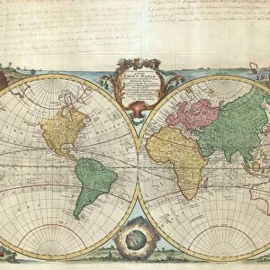 1744, Bowen Map of the World in Hemispheres, topography, cartography, geography, land