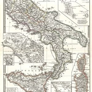 1865, Spruner Map of Southern Italy and Sicily, topography, cartography, geography