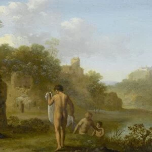 Bathing men Landscape men bathing river lake