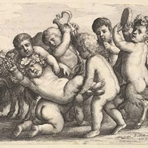Five boys two satyrs goat 17th century Etching