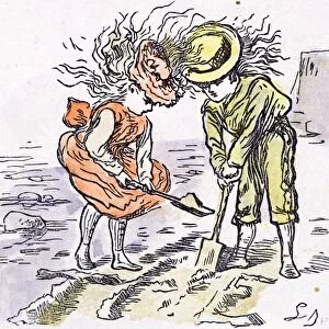 breeze, digging, hats, weekend, wind, 19th, at the seaside, 1873, beach, seaboy, boy