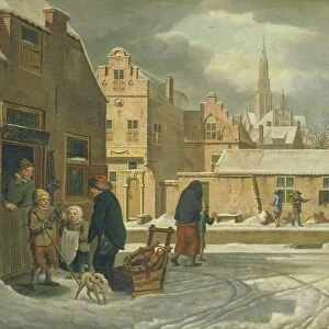 City View Winter man sled two children standing
