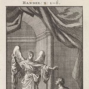 Cornelius kneels before the angel sent to him, Jan Luyken, wed