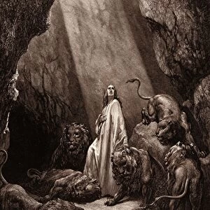 DANIEL IN THE DEN OF LIONS, BY GUSTAVE DORE, 1832 - 1883, French. Engraving for the Bible