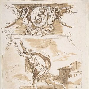 Draped Man Running Cartouche Supported Two Winged Victories