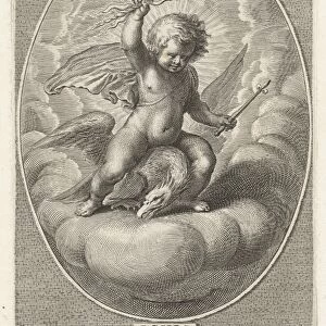 Element fire as a child with lightning bolts on back of eagle, Adriaen Collaert, 1608