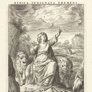 Female personification of the continent of Africa as a woman with lions skin
