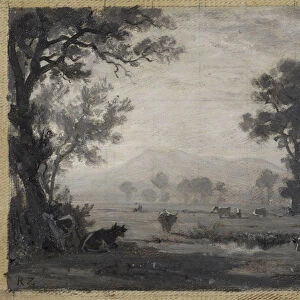 Landscape grazing cows oil cardboard Grisaille
