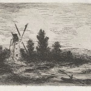 Landscape with mill and rowing boat, print maker: Arnoud Schaepkens