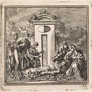 Six people mourn a dead person, Jan Luyken, wed. Pieter Arentsz & Cornelis van der Sys