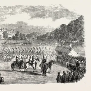 Review of Derbyshire Rifle Volunteers at Chatsworth Park, Uk, 1860 Engraving