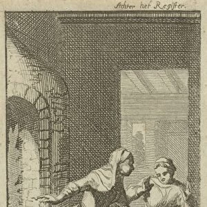Two women retrieve a book undamaged from the fire, print maker: Jan Luyken, Dating 1691