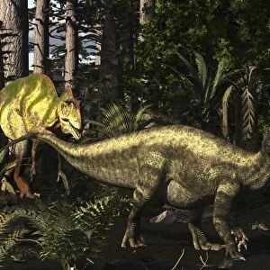 Acrocanthosaurus hunting Tenontosaurus in a forest
