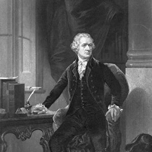 American History print of Alexander Hamilton sitting at his desk