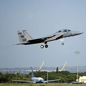 An F-15A Eagle returns to Hickam Air Force Base