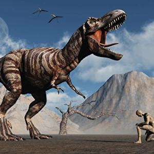 The first man, Adam, kneels down before the famous T-Rex dinosaur