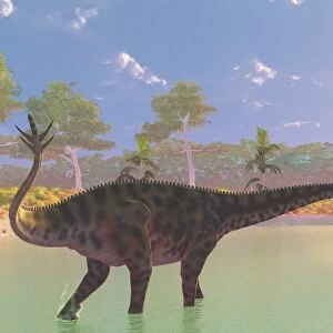 A herd of Spinophorosaurus dinosaurs drinking at a river