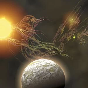 A huge sun radiates solar flares toward a nearby planet