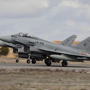 A pair of Spanish Air Force Typhoon jets taking off