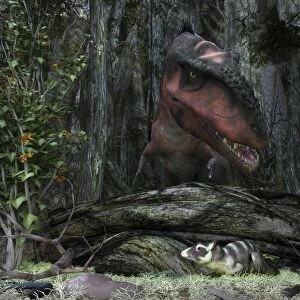 A rat-sized Purgatorius hides from a Bistahieversor dinosaur in a cretaceous forest