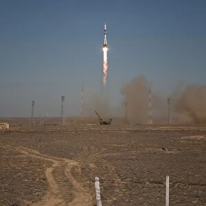 The Soyuz TMA-16 launches from the Baikonur Cosmodrome in Kazakhstan