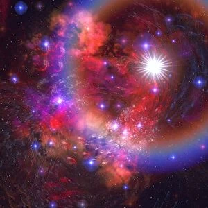 A star explodes sending out shock waves throughout the universe