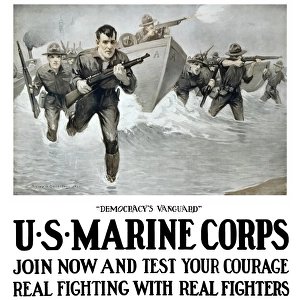 Vintage World War One poster of U. S. Marines storming a beach, rifles in hand