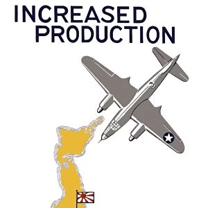 World War II propaganda poster featuring a bomber flying over Japan