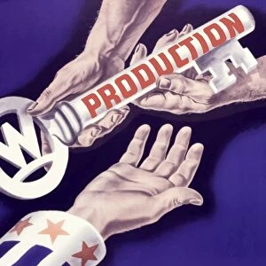 World War II propaganda poster of someone giving a large key to the hand of Uncle Sam