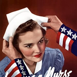 World War Two poster of Uncle Sam placing a hat on a smiling nurse
