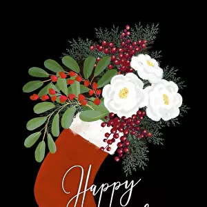 Floral Stocking Happy holidays in black