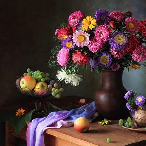 Still life with a bouquet of asters and fruits