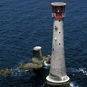 Eddystone Lighthouse marking the dangerous Eddystone Rocks off Rame Head in Cornwall