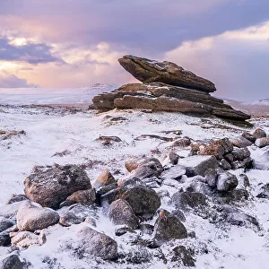 Irishman's Wall on Belstone Ridge after snowfall, Dartmoor National Park, Devon, England, UK. January, 2023