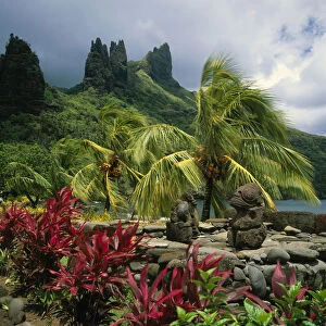 Lush vegetation and traditional statues in the Marquesas Islands, French Polynesia